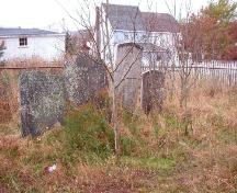 View looking west, showing a cluster of headstones and private property which backs onto the cemetery.  Photo taken November 1, 2005.; HFNL/ Deborah O'Rielly 2005.