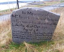 The oldest intact headstone in the Old Cemetery, dated October 16, 1772 in memory of John Limbrey of Devon, England; HFNL/Andrea O'Brien 2005