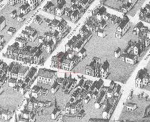 Cette carte dessinée montre la maison « Treitz Haus » quand elle a été placée sur le côté nord de la rue Main, juste à l'est de la rue Steadman.; Moncton Museum