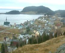 View of Trinity, Trinity Bay, NL from Gun Hill, including St. Paul's Anglican Church and looking southeast towards Hill Street out to Hog's Nose and Trinity Harbour, with Admiral's Point in the background, 2005.; Trinity Historical Society Archives