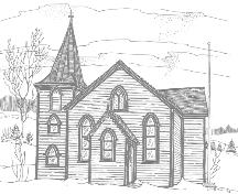 Pen and ink drawing of Christ Church, Quidi Vidi, St. John's, by Newfoundland artist Jean Ball, 1975.; Newfoundland Historic Trust 2006