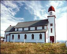 Exterior photo, north facade, Holy Trinity Church, Codroy, Newfoundland, circa 1993.; HFNL 2006