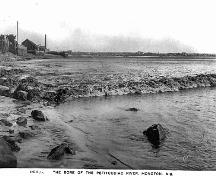 In 1905, the Tidal Bore was already a tourist attraction.  In the distance is evidence of Moncton's shipping and shipbuilding industry.; Moncton Museum