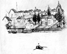 La croissance de la propriété de la berge à Moncton largement propriété d'Ezekiel Taylor, est présentée dans ce dessin de 1855.; Moncton Museum