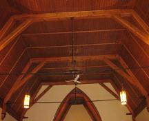 Detail of wooden link that forms the centre of a triple metal beam structure that supports the ceiling of the building.  Union Church of Indian Point, Indian Point, Lunenburg County, Nova Scotia, 2006.; Heritage Division, Nova Scotia Department of Tourism, Culture and Heritage, 2006.
