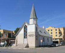 Front facade of St. Mark's Presbyterian Church showing its tower and steeple, 2004; Government of Saskatchewan, L. Dale-Burnett, 2004