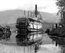 View of S.S. Sicamous being moved to its current location, 1951; Penticton Museum