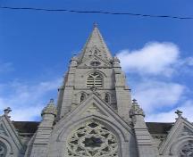 Granite spire behind the central front gable, St. Mary's Basilica, Halifax, Nova Scotia, 2005.
; Heritage Division, NS Dept. of Tourism, Culture and Heritage, 2005.