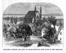 Showing former Mission House to the left of First Methodist Church (Trinity United); Harper's New Monthly Magazine, September 1877
