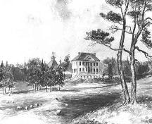 Drawing c1870 of Uniacke House with haha wall and sheep in foreground.; Nova Scotia Museum