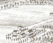 Showing original house in a rural setting with associated buildings; Panoramic View of Charlottetown, 1878