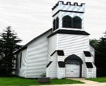 View of the Norman tower and entrance on the west side of St. Mary’s Anglican Church.; Restigouche Regional Museum, Dalhousie