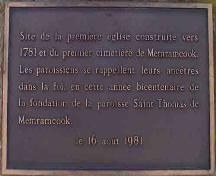 Plaque intalled on the base in 1981 to commemorate the parish's bicentennial.; Memramcook Valley Historical Society