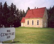 Showing Cemetery sign and side elevation with Gothic Revival windows; Province of PEI