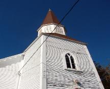 View of the square tower with its steeply-pitched spire, Spaniard's Bay, NL. Photo taken October 17, 2007; HFNL / Deborah O'Rielly 2007.