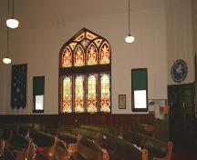 Interior view of east wall of Baldur United Church, Baldur, 2005; Historic Resources Branch, Manitoba Culture, Heritage and Tourism, 2005