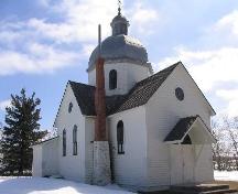 East elevation of Stornoway Ukrainian Greek Orthodox Church of Saints Peter and Paul.; Government of Saskatchewan, Brett Quiring, 2007.