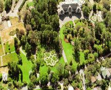 Aerial view of almost the entire property, ca. 2002.; The Cary Castel Mews. Government House. History, Preservation, Revitalization, Victoria, B.C., 2002.