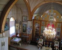 View of the interior of the Nativity of the Holy Virgin Orthodox Church of Kysylew, Lamont County, looking northeast from the choir loft (October 2005); Lamont County, 2005