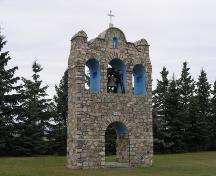 View of the 1935 bell tower associated with the Nativity of the Blessed Virgin Mary Ukrainian Greek Catholic Church, Leeshore, Lamont County, looking west (October 2005); Lamont County, 2005
