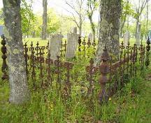 Detail of iron fence around headstones, Old Kirk Burying Ground, Shelburne, 2004.; Heritage Division, NS Dept. of Tourism, Culture and Heritage, 2004