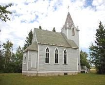 Primary elevations, from the southwest, of St. Paul's Evangelical Lutheran Church, Moosehorn area, 2006; Historic Resources Branch, Manitoba Culture, Heritage and Tourism 2006