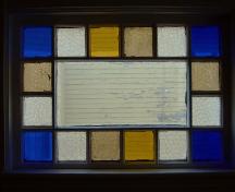 Stained glass window, 20 Washington Street, Bridgetown, NS, 2007; Heritage Division, NS Dept. of Tourism, Culture and Heritage, 2007.