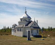 Primary elevations, from the northeast, of St. Nicholas Ukrainian Catholic Church, Poplarfield, 2006; Historic Resources Branch, Manitoba Culture, Heritage and Tourism, 2006