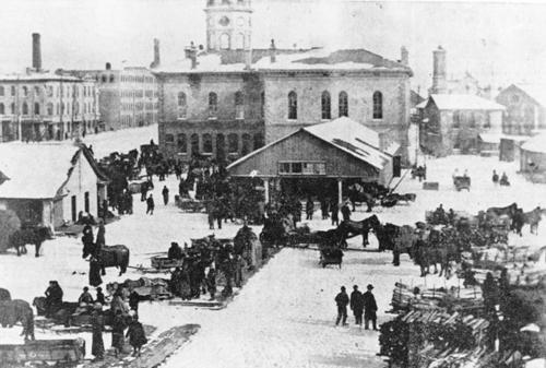 View of east side of market and town hall - 1896