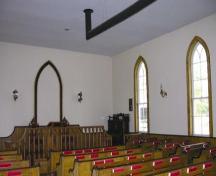 Interior of Mayne Corners Methodist Church, showing pews and altar; OHT