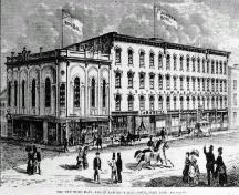 Historic drawing of building showing context in Walton Street streetscape – c. 1871; Canadian Illustrated News, 1871