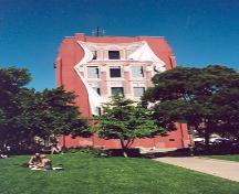 View of mural on west elevation designed in trompe l'oeil style – July 2001; OHT, 2001