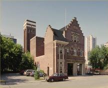 Corner view of the Balmoral Fire Hall, 1992.; Parks Canada Agency/Agence Parcs Canada, 1992.