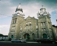 View of the main (north) façade of St. Brigid's Church showing the two towers – 2004; OHT, 2004