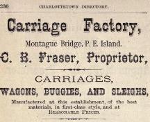 Ad for Fraser&#039;s Carriage Factory; Teare&#039;s Directory of PEI, 1880-81