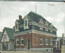 Front and side facades, Barrington Municipal Library, Barrington Passage, NS, ca. 1910. At this time, the building was known as the Union Bank of Halifax.; Courtesy of the Cape Sable Historical Society, Barrington Nova Scotia