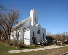 Primary elevations, from the southeast, of Grace Evangelical Lutheran Church, Langruth, 2006; Historic Resources Branch, Manitoba Culture, Heritage and Tourism, 2006