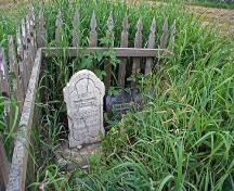 Detail view, from the south, of Betsey Ramsay's Grave, Riverton area, 2006, showing the gravemarker for Betsey Ramsay on the left and for John Ramsay on the right; Historic Resources Branch, Manitoba Culture, Heritage and Tourism, 2006