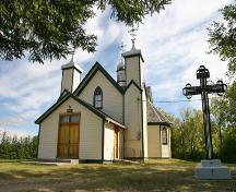 Primary elevations, from the southwest, of St. Michael's Ukrainian Catholic Church, Olha, 2006; Historic Resources Branch, Manitoba Culture, Heritage and Tourism, 2006