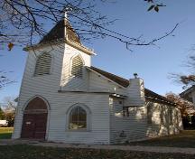 Primary elevations, from the southwest, of All Saints Anglican Church, Dominion City, 2006; Historic Resources Branch, Manitoba Culture, Heritage and Tourism, 2006