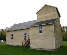 Secondary elevations, from the southeast, of Rhodes Community Hall, Dauphin area, 2007; Historic Resources Branch, Manitoba Culture, Heritage, Tourism and Sport, 2007