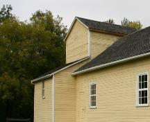 Detail of back section (holding stage and curtain) of Rhodes Community Hall, Dauphin area, 2007; Historic Resources Branch, Manitoba Culture, Heritage, Tourism and Sport, 2007