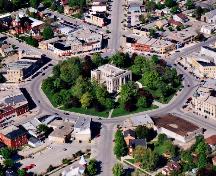 An aerial view of the Square, looking north-east, in alignment with Montreal and Hamilton Streets.; Gord Strathdee, May 12th, 2001