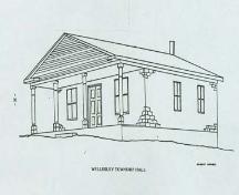Illustration of the south and east elevations of 4805 William Hastings Line, circa 1985.; Robert Rowell, Wellesley Township LACAC, circa 1985.