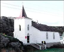 Exterior photo, main entrance of St. Mark's Anglican Church in Nipper's Harbour, Newfoundland.; HFNL 2005