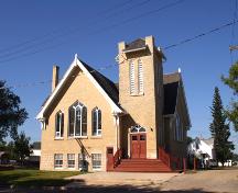 Primary elevations, from the east, of Treherne United Church, Treherne, 2006; Historic Resources Branch, Manitoba Culture, Heritage, Tourism and Sport,2006