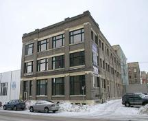 Primary elevations, from the south, of the Scott Fruit Company Warehouse, Winnipeg, 2005; Historic Resources Branch, Manitoba Culture, Heritage, Tourism and Sport, 2005