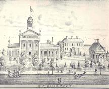 East elevation of the Court House showing the jail (demolished) and Registry Office; Historical Atlas of Ontario County, J.H. Beers and Co., Toronto, 1877