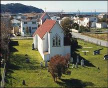 Arial view of rear facade, St. Luke's Anglican Church, Placentia, NL.; Heritage Foundation of Newfoundland and Labrador, 2005