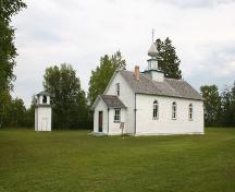 Primary elevations, from the southwest, of St. Michael's Ukrainian Catholic Church, North Foley, 2005; Historic Resources Branch, Manitoba Culture, Heritage, Tourism and Sport, 2005